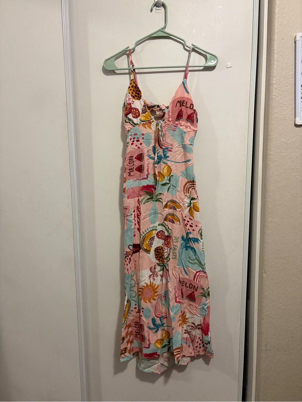 Paper Heart Tropical Fruit Print Linen Blend Maxi Dress M Pink Peach Boho - Picture 2 of 8